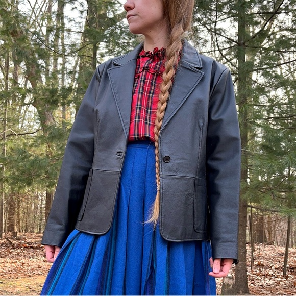 90s Massini Black Genuine Leather Single Button Blazer Jacket Size L - Picture 8 of 16